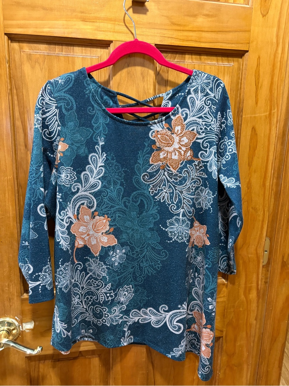 Westport Teal Sparkle Knit Top with Mixed Print Accents